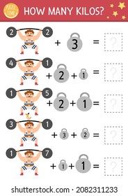 Circus how many kilos game with funny athlete, weight, dumbbells. Amusement show math addition activity for preschool children. Printable simple festival counting worksheet for kids
