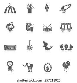 Circus icon black set with balloon sealion and elephant animals isolated vector illustration