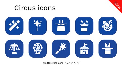 circus icon set. 10 filled circus icons.  Collection Of - Wand, Magic hat, Magic, Clown, Carousel, Ferris wheel, Magic wand, Circus