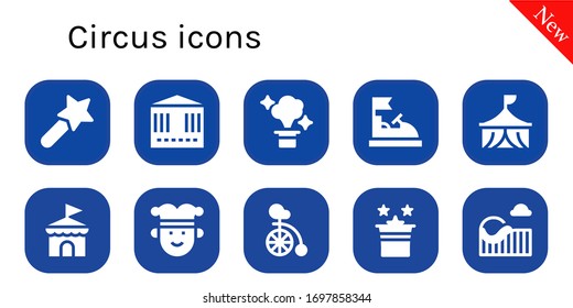 circus icon set. 10 filled circus icons.  Simple modern icons such as: Magic wand, Carousel, Magic, Bumper car, Circus, Joker, Unicycle, Roller coaster