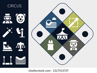 circus icon set. 13 filled circus icons.  Simple modern icons about  - Circus, Trapeze, Roller coaster, Bumper car, Carousel, Magic, Amusement park, Magician, Clown, Magic wand