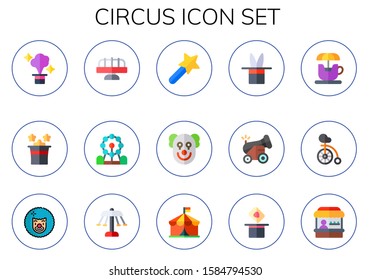 circus icon set. 15 flat circus icons.  Simple modern icons about  - magic, merry go round, ferris wheel, magic wand, clown, cannon, spinning teacup, unicycle, carousel, fairground