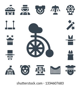 circus icon set. 17 filled circus icons.  Collection Of - Circus, Trapeze, Magic, Unicycle, Magician, Clown, Roller coaster, Carousel, Ferris wheel, Joker