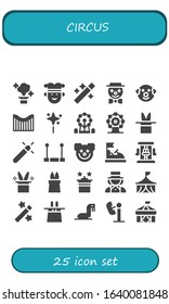 circus icon set. 25 filled circus icons.  Simple modern icons such as: Magic, Joker, Wand, Clown, Roller coaster, Ferris wheel, Trapeze, Bumper car, Magic hat, Magician, Circus