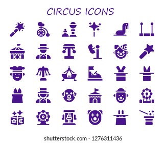  circus icon set. 30 filled circus icons. Simple modern icons about  - Magic wand, Unicycle, Magic trick, Wand, Sea lion, Trapeze, Circus, Magician, Amusement park, Clown, Joker