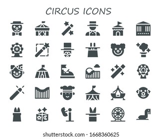 circus icon set. 30 filled circus icons. Included Clown, Circus, Magic, Magician, Carousel, Ferris wheel, Magic wand, Magic hat, Bumper car, Roller coaster, Wand, Joker icons