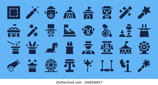 circus icon set. 32 filled circus icons. Included Marquee, Circus, Magician, Cannon, Magic, Magic hat, Clown, Sea lion, Ferris wheel, Bumper car, Amusement park, Wand, Unicycle icons