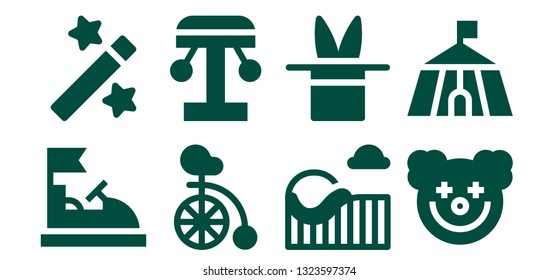 circus icon set. 8 filled circus icons.  Simple modern icons about  - Bumper car, Magic, Unicycle, Amusement park, Roller coaster, Clown, Circus