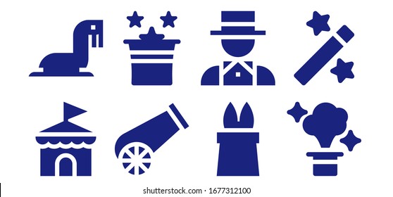 circus icon set. 8 filled circus icons.  Simple modern icons such as: Circus, Sea lion, Cannon, Magic, Magician