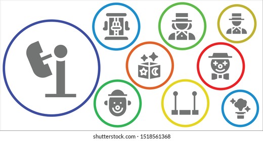 circus icon set. 9 filled circus icons.  Simple modern icons about  - Amusement park, Roller coaster, Magician, Clown, Trapeze, Magic