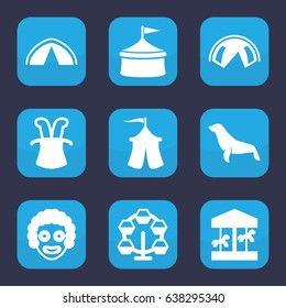 Circus icon. set of 9 filled circus icons such as seal, tent, magic hat, carousel, circus