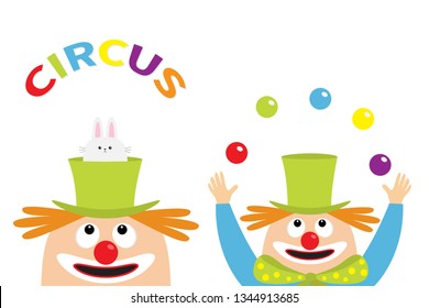 Circus icon set. Clown juggler face head looking up to juggling balls. Rabbit hare in magician magic hat. Eyes, red nose, mouth smile, orange hair.Cute cartoon funny baby character. Flat design Vector