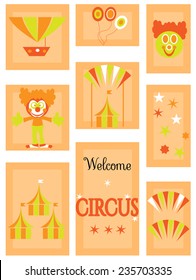 The circus - icon set with clowns and tents