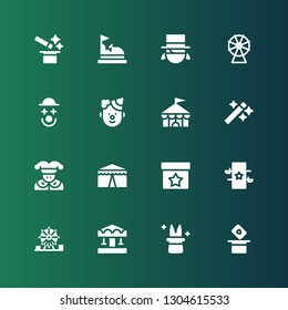 circus icon set. Collection of 16 filled circus icons included Magic, Magician, Carousel, Amusement park, Circus, Joker, Wand, Clown, Ferris wheel, Bumper car