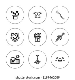 Circus icon set. collection of 9 outline circus icons with clown hat, clown, joker, magic, magician, kunai, roller coaster, unicycle icons. editable icons.