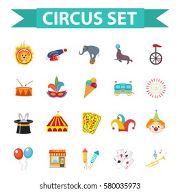 Circus icon set, flat, cartoon style. Set isolated on a white background with elephant, lion, Sealion, gun, clown, tickets. Design elements. Vector illustration, clip art