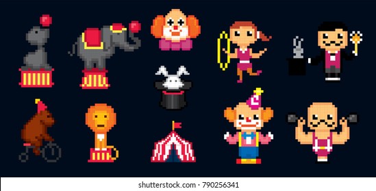 Circus icon set. Pixel art. Old school computer graphic style. 8 bit video game. game element.