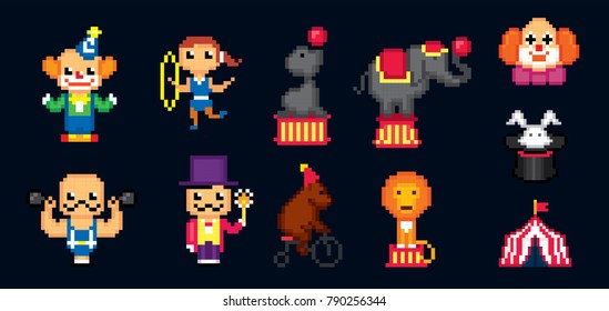 Circus icon set. Pixel art. Old school computer graphic style. 8 bit video game. game element.