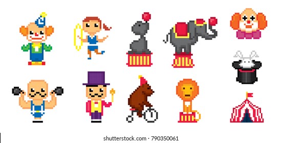 Circus icon set. Pixel art. Old school computer graphic style. 8 bit video game. game element.