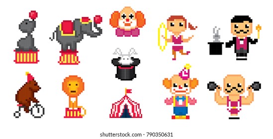 Circus icon set. Pixel art. Old school computer graphic style. 8 bit video game. game element.