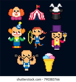 Circus icon set. Pixel art. Old school computer graphic style. 8 bit video game. game element.