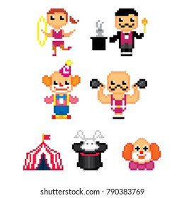 Circus icon set. Pixel art. Old school computer graphic style. 8 bit video game. game element.