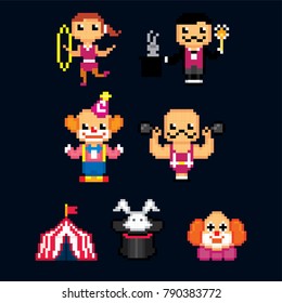 Circus icon set. Pixel art. Old school computer graphic style. 8 bit video game. game element.