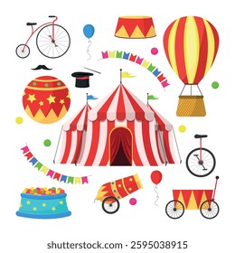 Circus icon set. Circus tent, bicycle, balloons, hat, mustache, ball, pedestal, cannon and more.