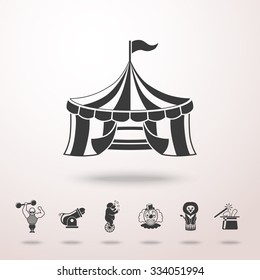 CIRCUS icon with shadow, and icons - clown, cannon, bear, lion, magician hat, strongman. Vector