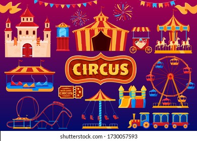 Circus icons, amusement park carnival, fairground festival isolated set, vector illustration. Funfair ticket, vintage marquee and carousel, collection of banners and icons. Roller coaster ferris wheel