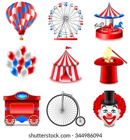 Circus icons detailed photo realistic vector set