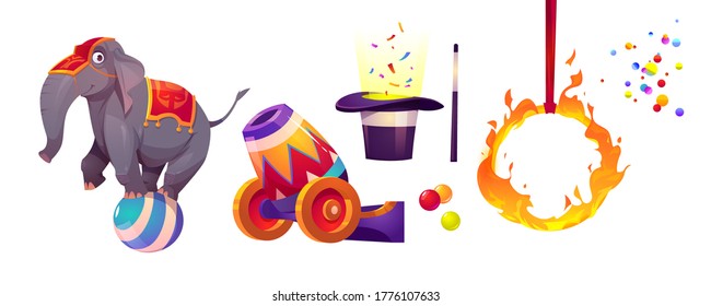 Circus Icons With Elephant Standing On Ball, Fire Ring, Cannon, Hat And Magic Wand. Vector Cartoon Set Of Circus Performance Elements Isolated On White Background