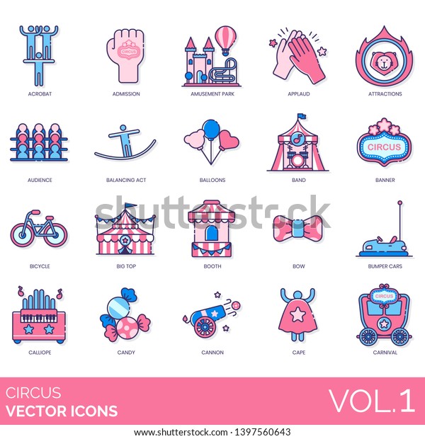 Circus icons including acrobat, admission,\
amusement park, applaud, attractions, audience, balancing art,\
balloons, band, banner, bicycle, big top, booth, bow, bumper car,\
calliope, candy,\
cannon.