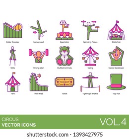 Circus icons including roller coaster, somersault, spectator, spinning plates, state fair, stilts, strong man, stuffed animals, swing, sword swallower, thrill ride, ticket, tightrope walker, top hat.