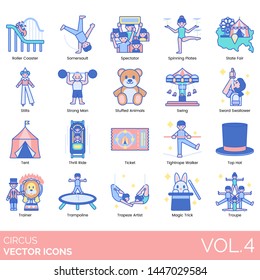 Circus icons including roller coaster, somersault, spectator, spinning plates, state fair, stilts, stuffed animals, sword swallower, thrill ride, ticket, tightrope walker, top hat, trainer, trapeze.