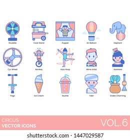 Circus icons including roulette, food stand, puppet, air balloon, elephant, cyr wheel, monkey, hula hoop, mime artist, assistant, pogo, ice cream, slushie, fakir, snake charming.