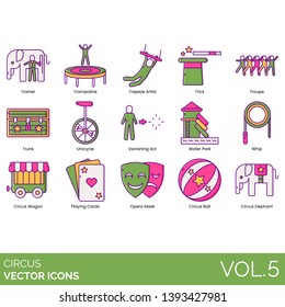 Circus icons including trainer, trampoline, trapeze artist, trick, troupe, trunk, unicycle, vanishing act, water park, whip, wagon, playing card, opera mask, ball, elephant.