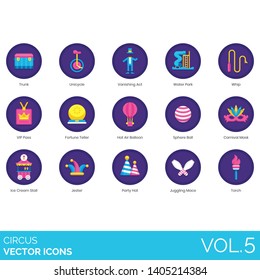 Circus icons including trunk, unicycle, vanishing act, water park, whip, vip pass, fortune teller, hot air balloon, sphere ball, carnival mask, ice cream stall, jester, party hat, juggling mace, torch