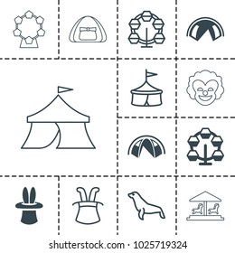 Circus icons. set of 13 editable filled and outline circus icons such as carousel, tent, seal, magic hat, circus