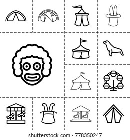 Circus icons. set of 13 editable outline circus icons such as seal, magic hat, carousel, circus, clown