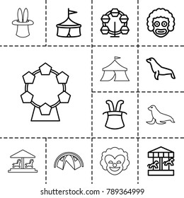 Circus icons. set of 13 editable outline circus icons such as seal, magic hat, carousel, circus, clown