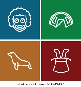 Circus icons set. set of 4 circus outline icons such as seal, magic hat, tent