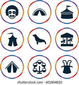 circus icons set. Set of 9 circus filled icons such as seal, tent, magic hat, carousel, circus