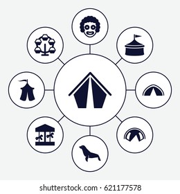 Circus icons set. set of 9 circus filled icons such as seal, tent, carousel, circus