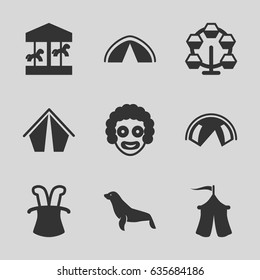 Circus icons set. set of 9 circus filled icons such as seal, tent, magic hat, carousel