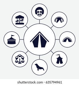 Circus icons set. set of 9 circus filled icons such as seal, tent, carousel, circus