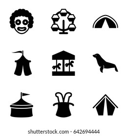Circus icons set. set of 9 circus filled icons such as seal, tent, magic hat, carousel, circus