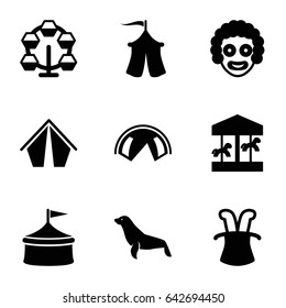 Circus icons set. set of 9 circus filled icons such as seal, tent, magic hat, carousel, circus
