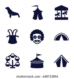 Circus icons set. set of 9 circus filled icons such as seal, tent, magic hat, carousel, circus
