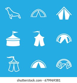 Circus icons set. set of 9 circus filled and outline icons such as tent, seal